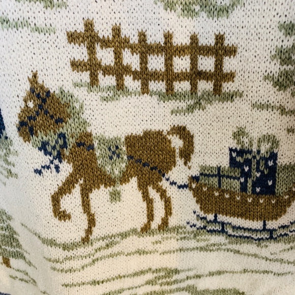 Vintage Christmas Sweater Large Blue Cottage Theme Sleigh Ride Horse Cabin USA - Picture 10 of 14